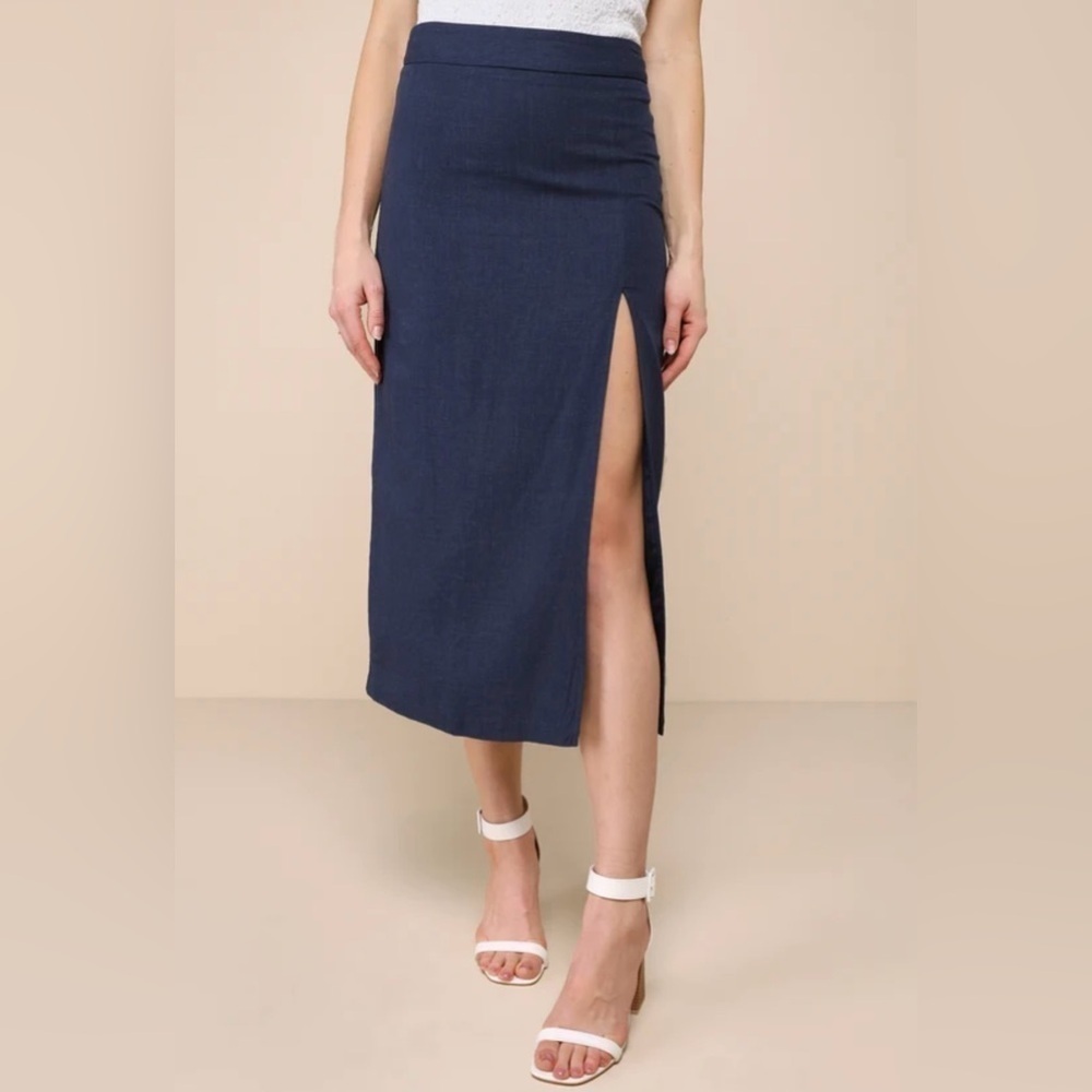 Lulus Navy Blue Linen High Rise Midi Skirt - Picture 4 of 6